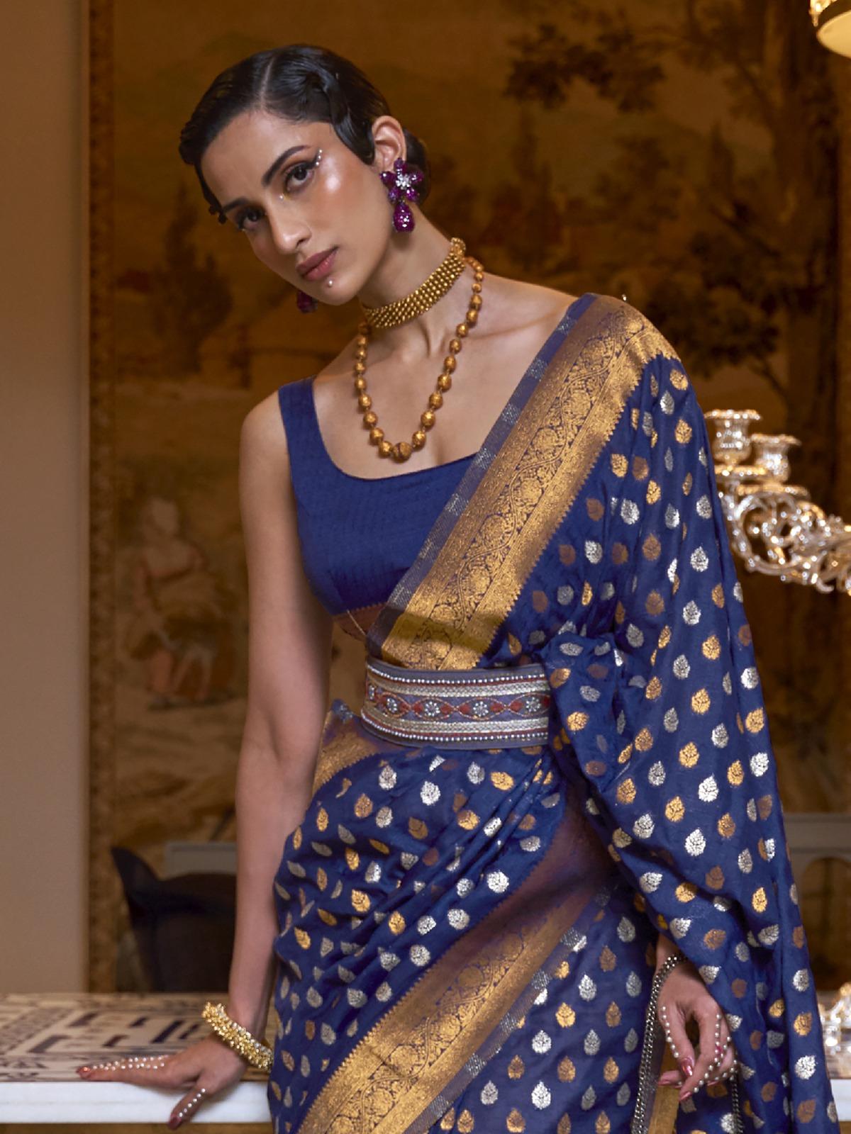 Ink Blue Handloom Woven Raw Khadi Silk Saree