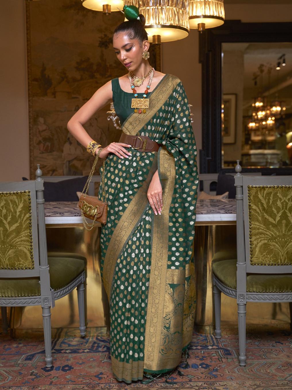 Pine Green Handloom Woven Raw Khadi Silk Saree