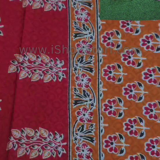 Orange & Red Handloom Cotton Mulmul Saree