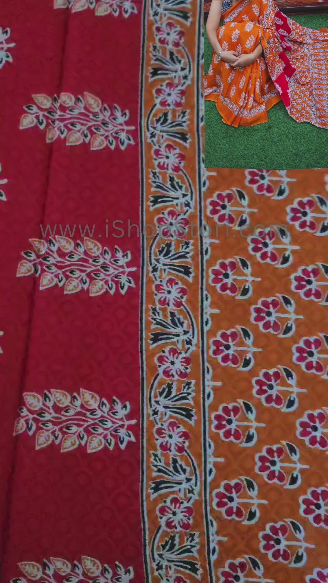 Orange & Red Handloom Cotton Mulmul Saree