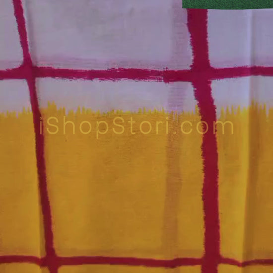 Yellow & Red Big Checks Cotton Mulmul Saree