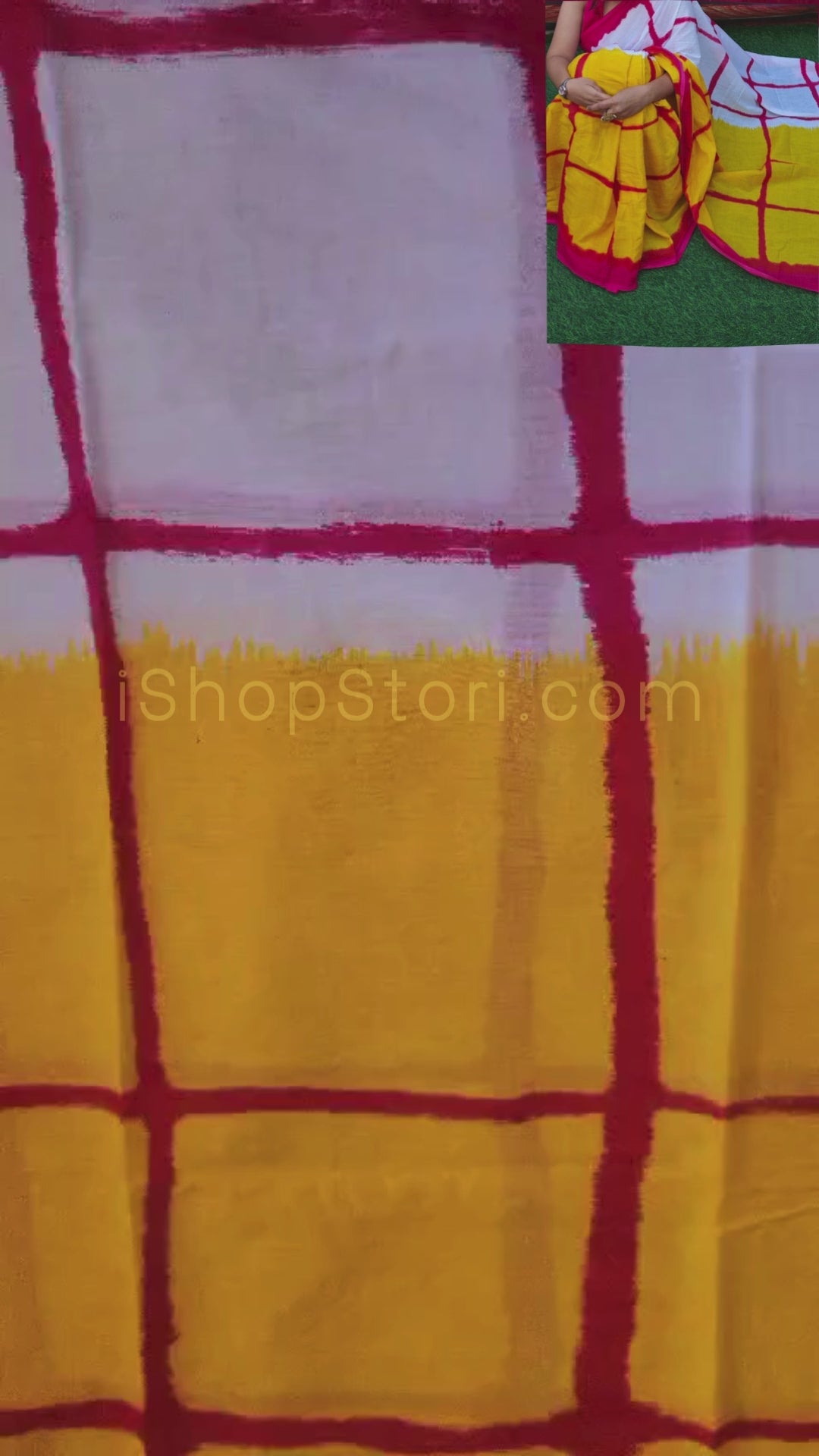 Yellow & Red Big Checks Cotton Mulmul Saree