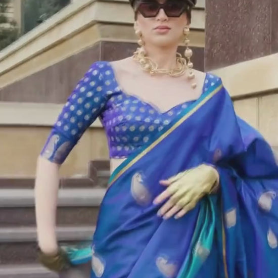 Peacock Blue Satin Silk Saree