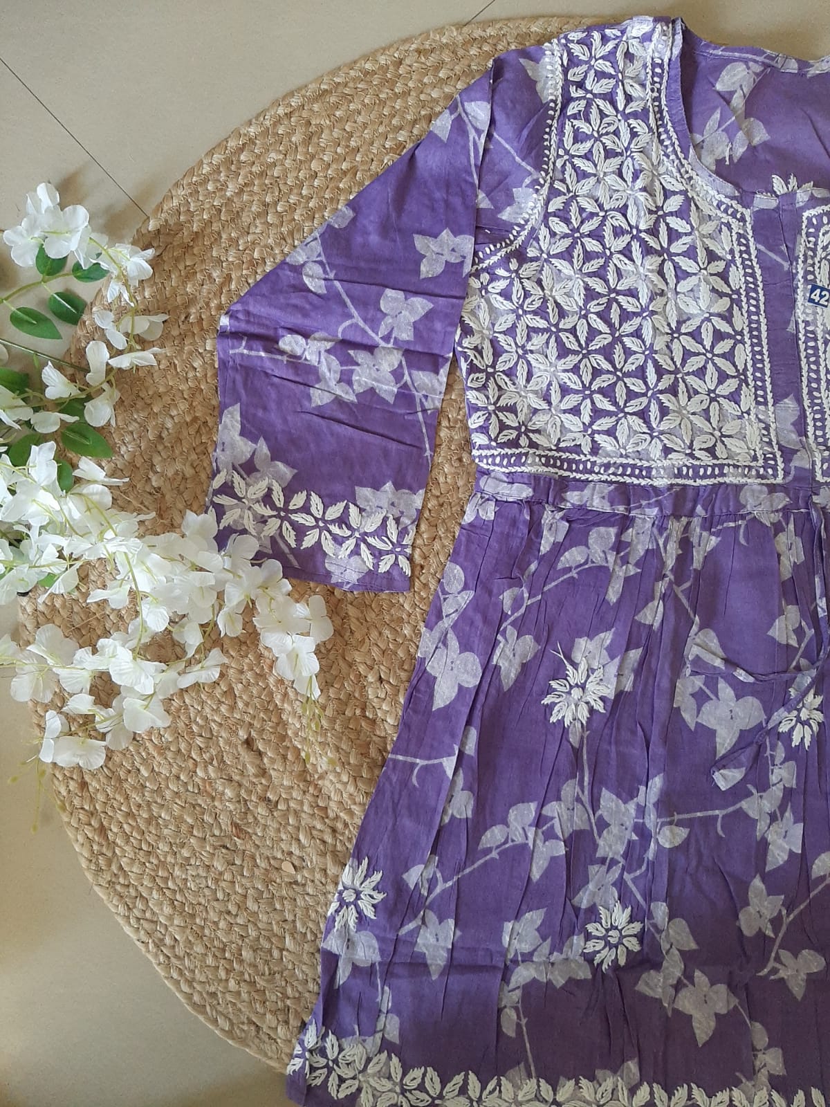 Petals Printed Purple Cotton Mulmul Chikankari Short Kurti