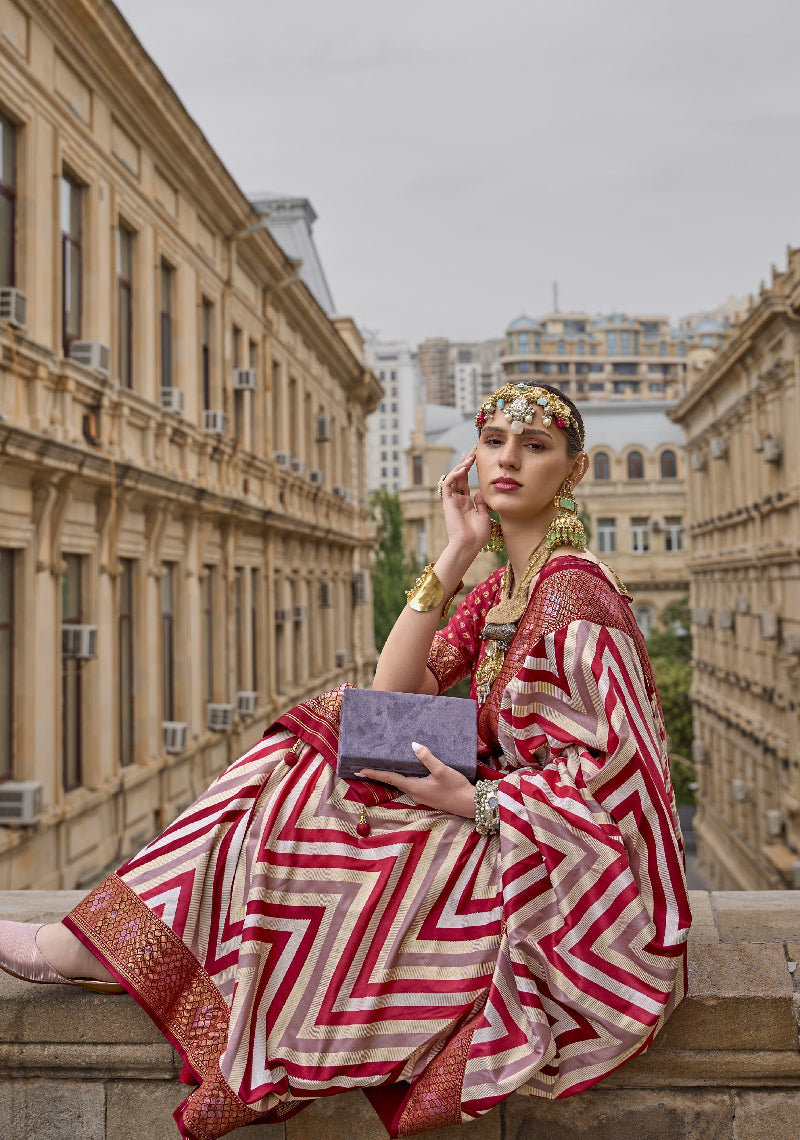 Red Banarasi Silk Saree With Chevron Stripes