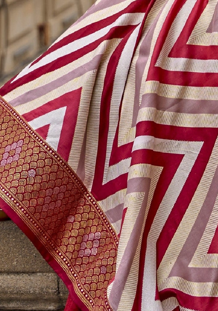 Red Banarasi Silk Saree With Chevron Stripes