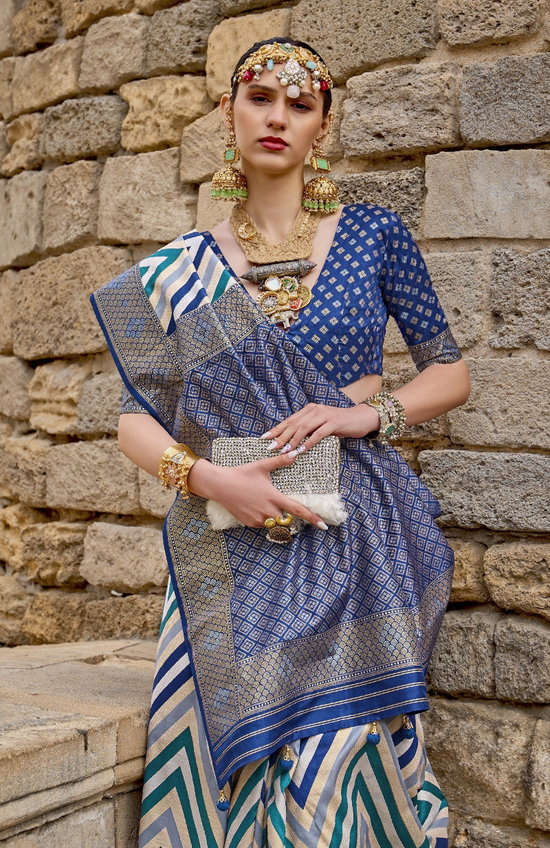 Blue Banarasi Silk Saree With Chevron Stripes