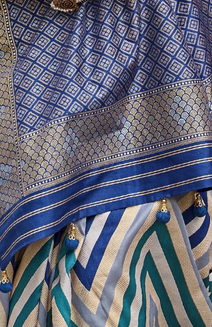 Blue Banarasi Silk Saree With Chevron Stripes