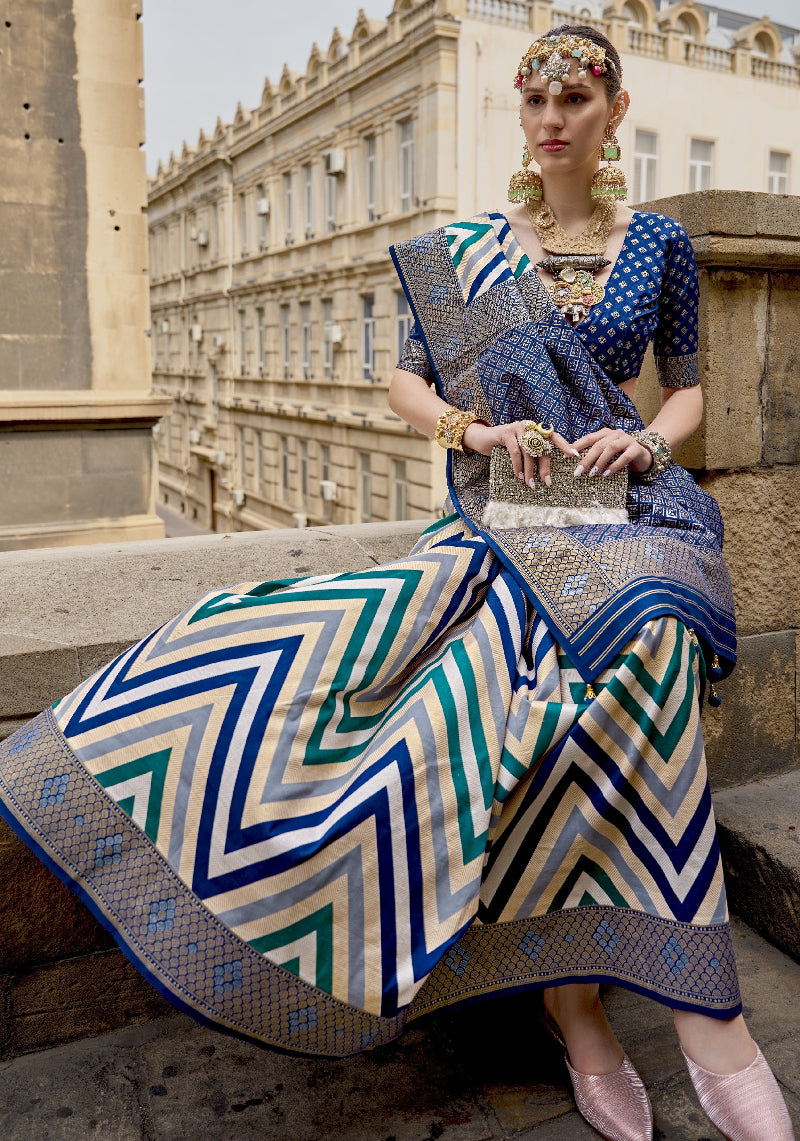 Blue Banarasi Silk Saree With Chevron Stripes