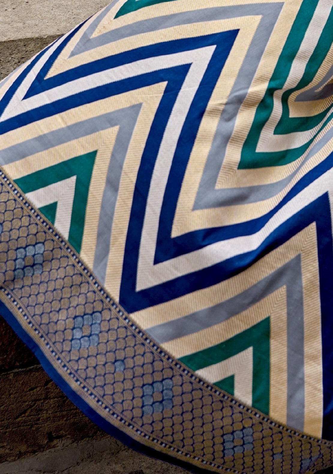 Blue Banarasi Silk Saree With Chevron Stripes