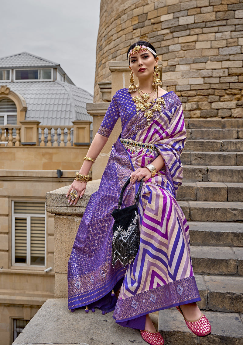 Purple Banarasi Silk Saree With Chevron Stripes