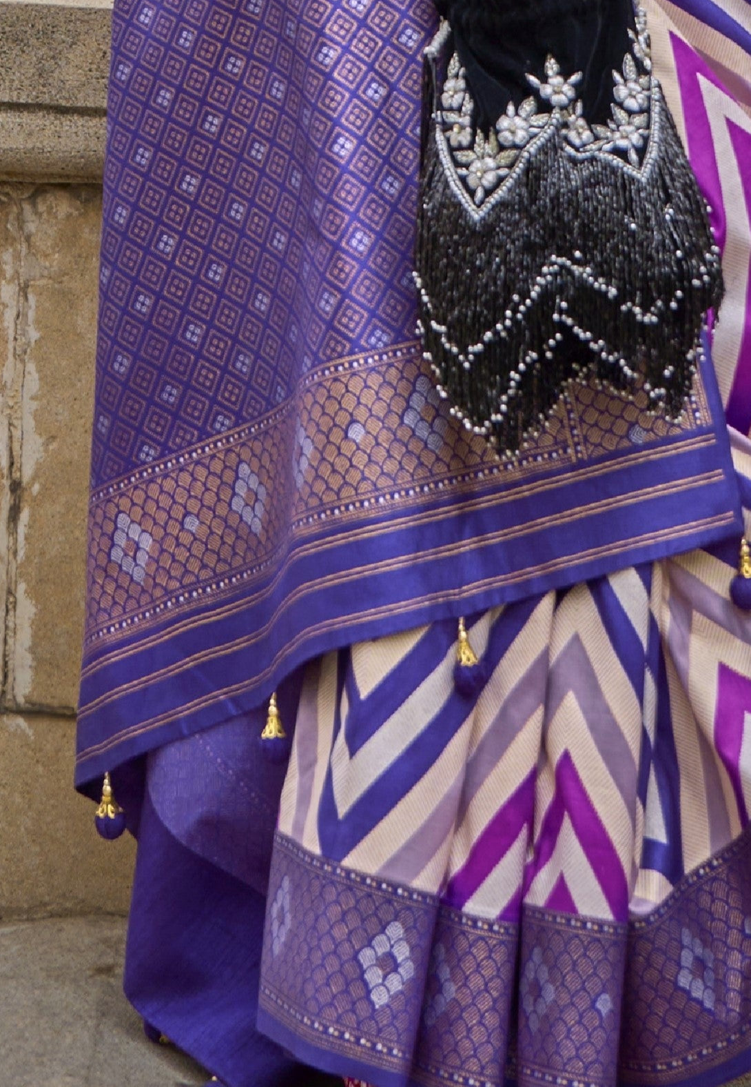 Purple Banarasi Silk Saree With Chevron Stripes