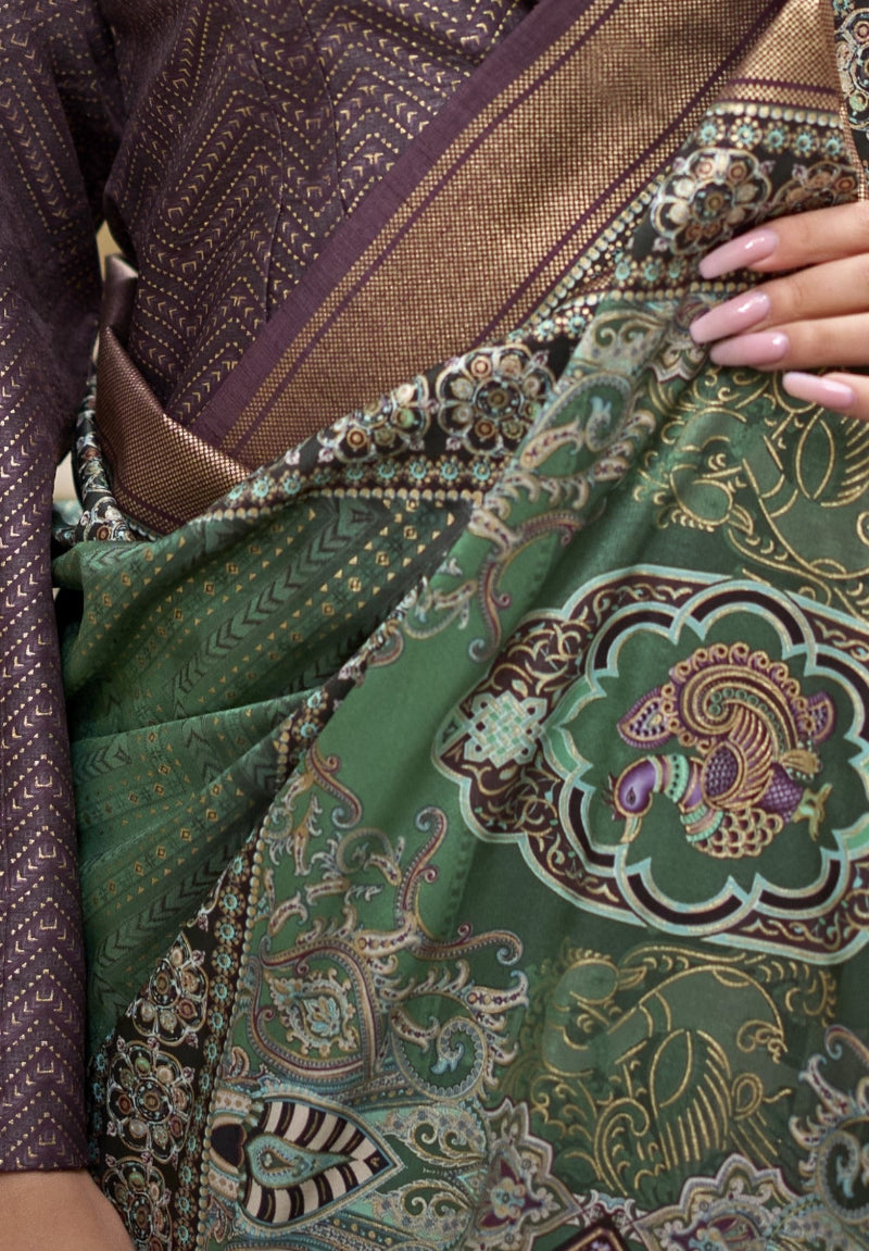 Green & Purple Silk Saree With Exotic Art Printed Border