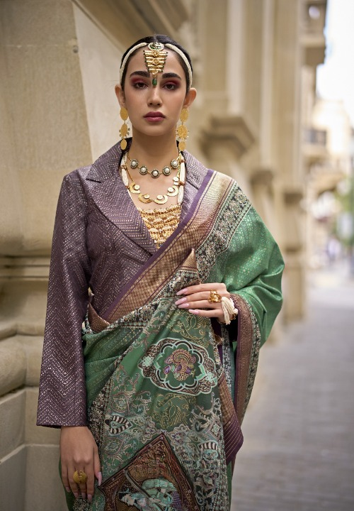 Green & Purple Silk Saree With Exotic Art Printed Border