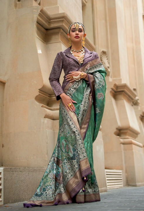 Green & Purple Silk Saree With Exotic Art Printed Border