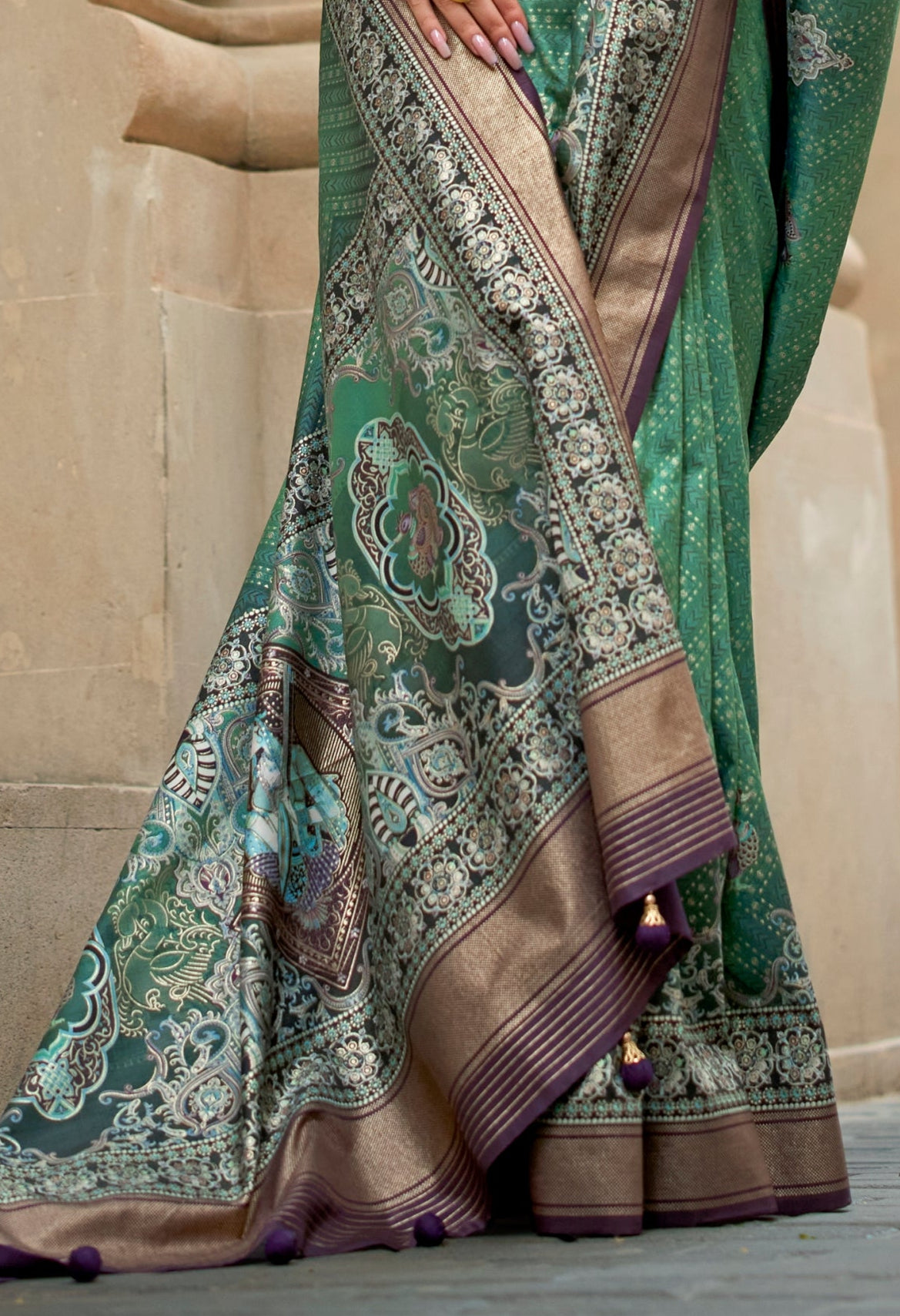 Green & Purple Silk Saree With Exotic Art Printed Border