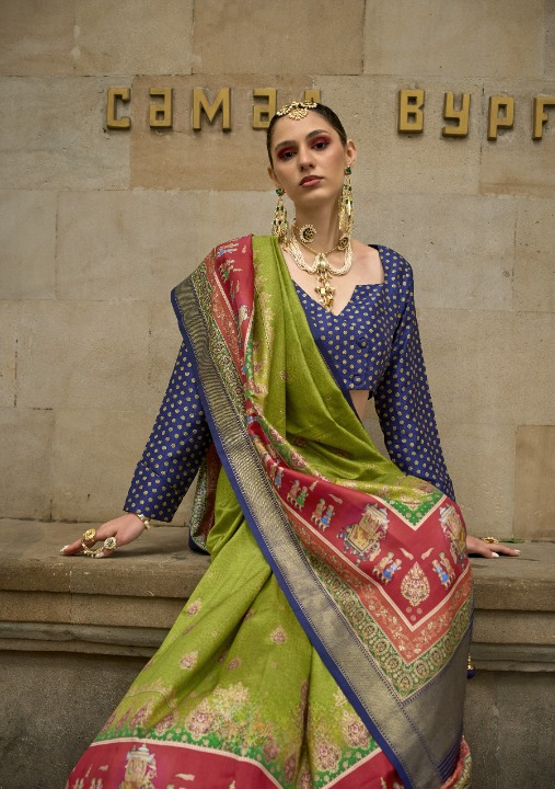 Green & Red Silk Saree With Exotic Art Printed Border