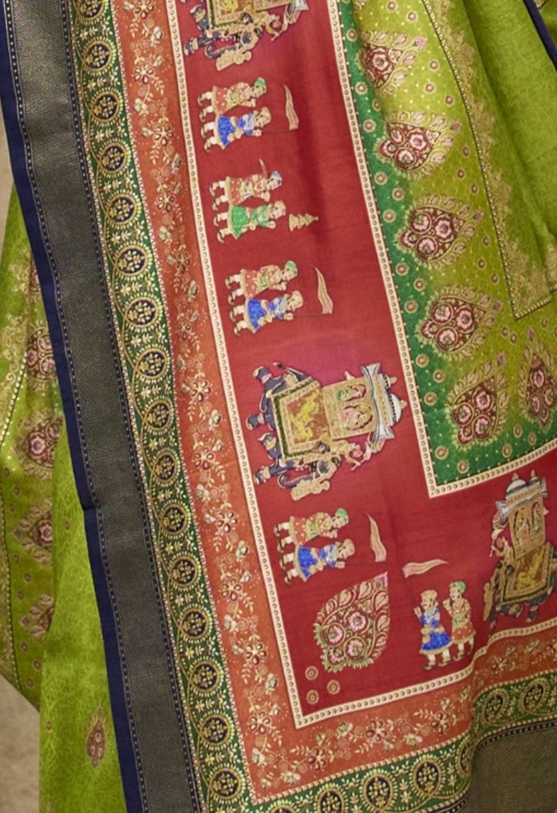 Green & Red Silk Saree With Exotic Art Printed Border