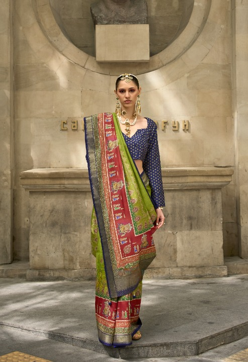 Green & Red Silk Saree With Exotic Art Printed Border