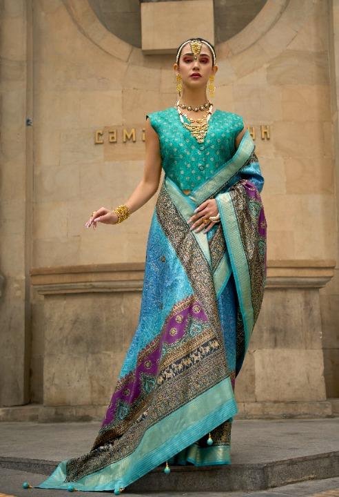 Green & Blue Silk Saree With Exotic Art Printed Border