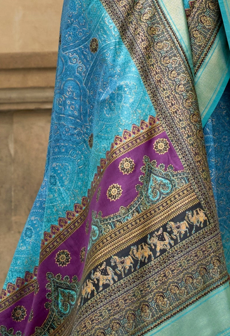 Green & Blue Silk Saree With Exotic Art Printed Border