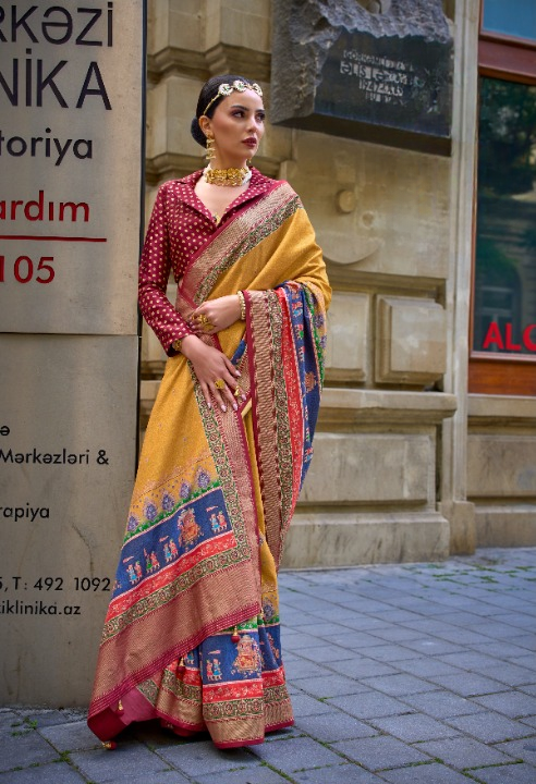 Mustard Yellow Silk Saree With Exotic Art Printed Border