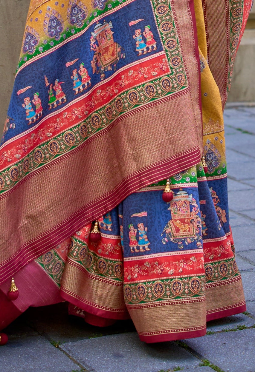 Mustard Yellow Silk Saree With Exotic Art Printed Border