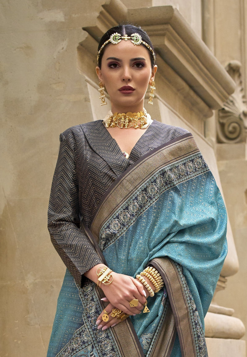 Rama Blue Silk Saree With Exotic Art Printed Border