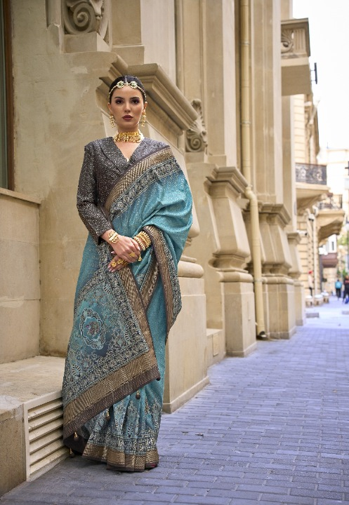 Rama Blue Silk Saree With Exotic Art Printed Border