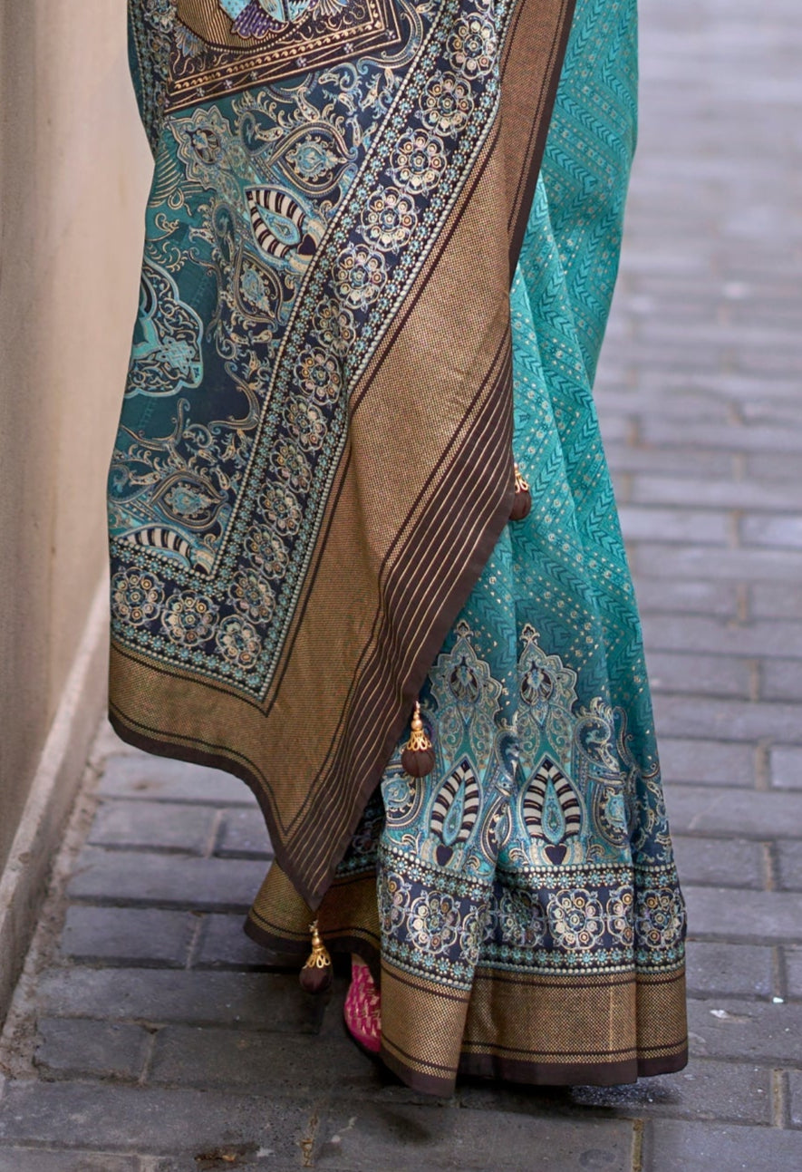 Rama Blue Silk Saree With Exotic Art Printed Border