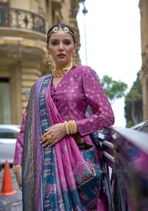 Purple Silk Saree With Exotic Art Printed Border