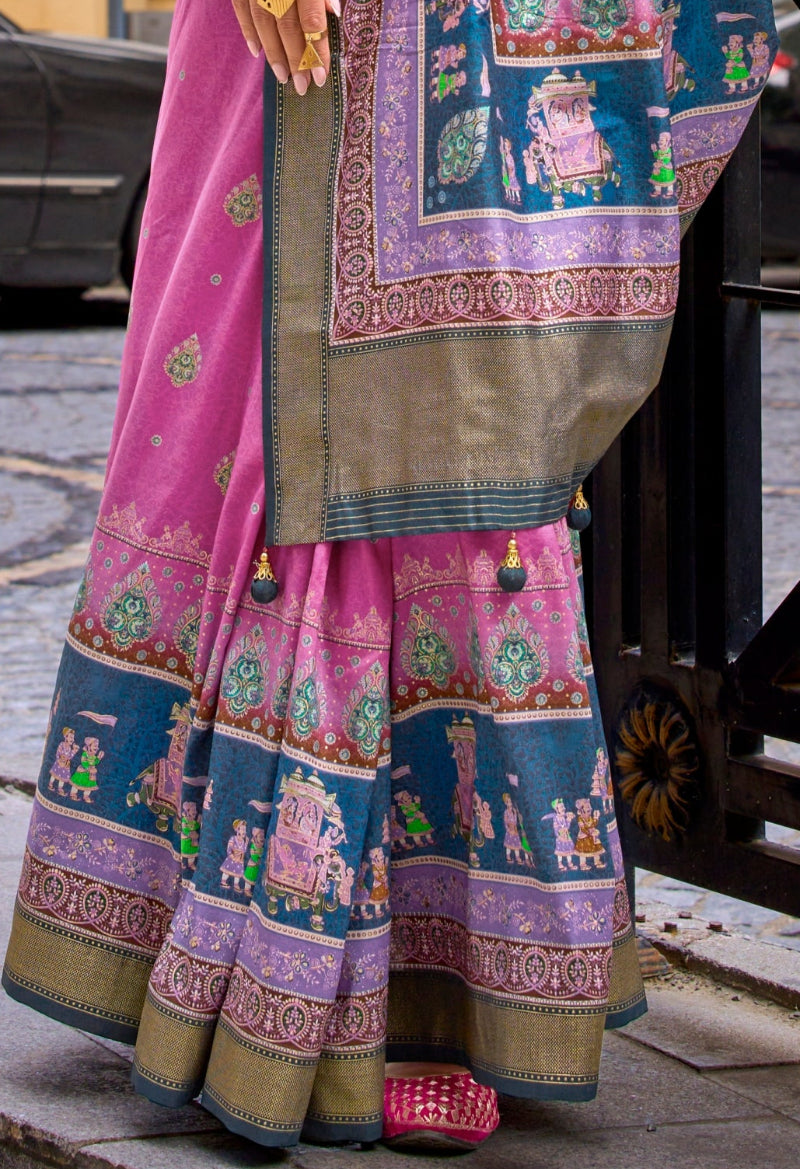 Purple Silk Saree With Exotic Art Printed Border