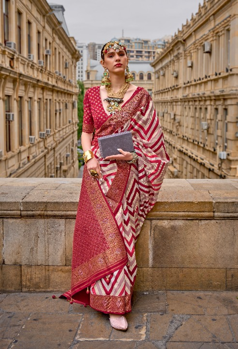 Red Banarasi Silk Saree With Chevron Stripes