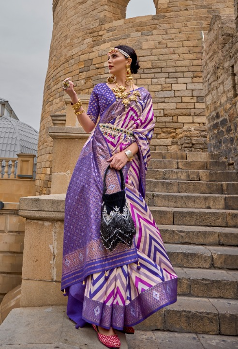 Purple Banarasi Silk Saree With Chevron Stripes