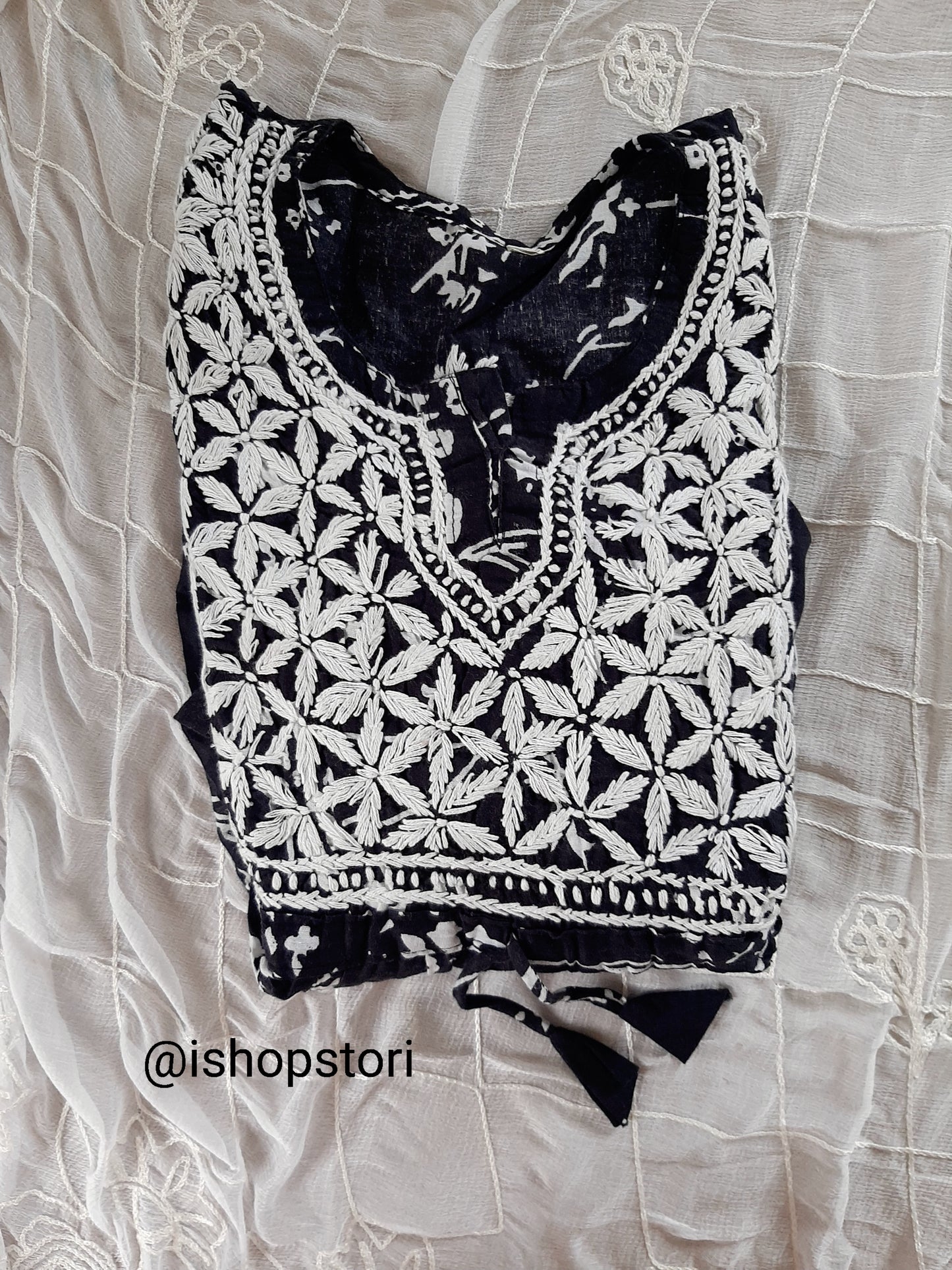 Bloom Printed Black Cotton Mulmul Chikankari Short Kurti with Dori