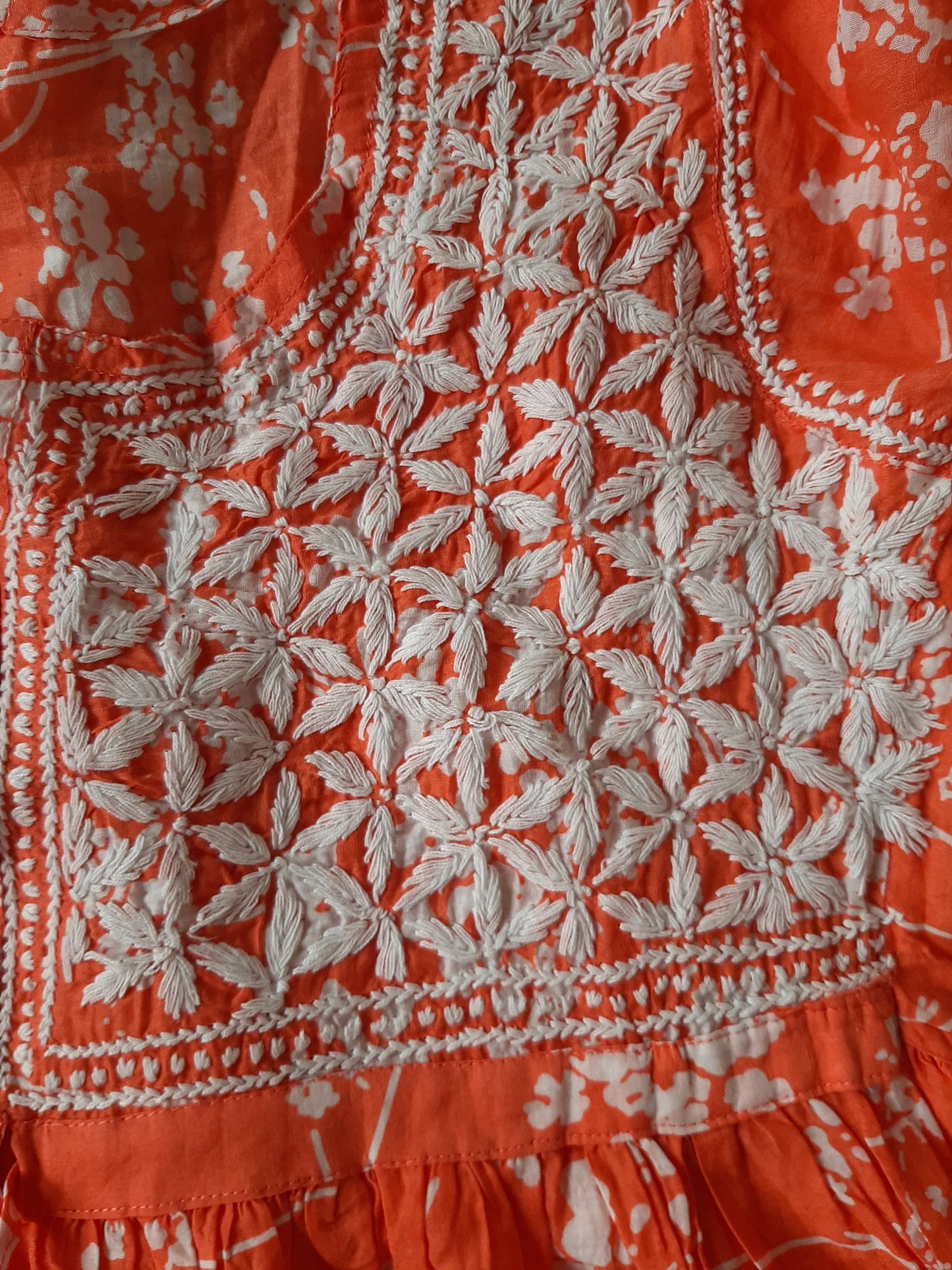 Bloom Printed Orange Cotton Mulmul Chikankari Short Kurti with Dori