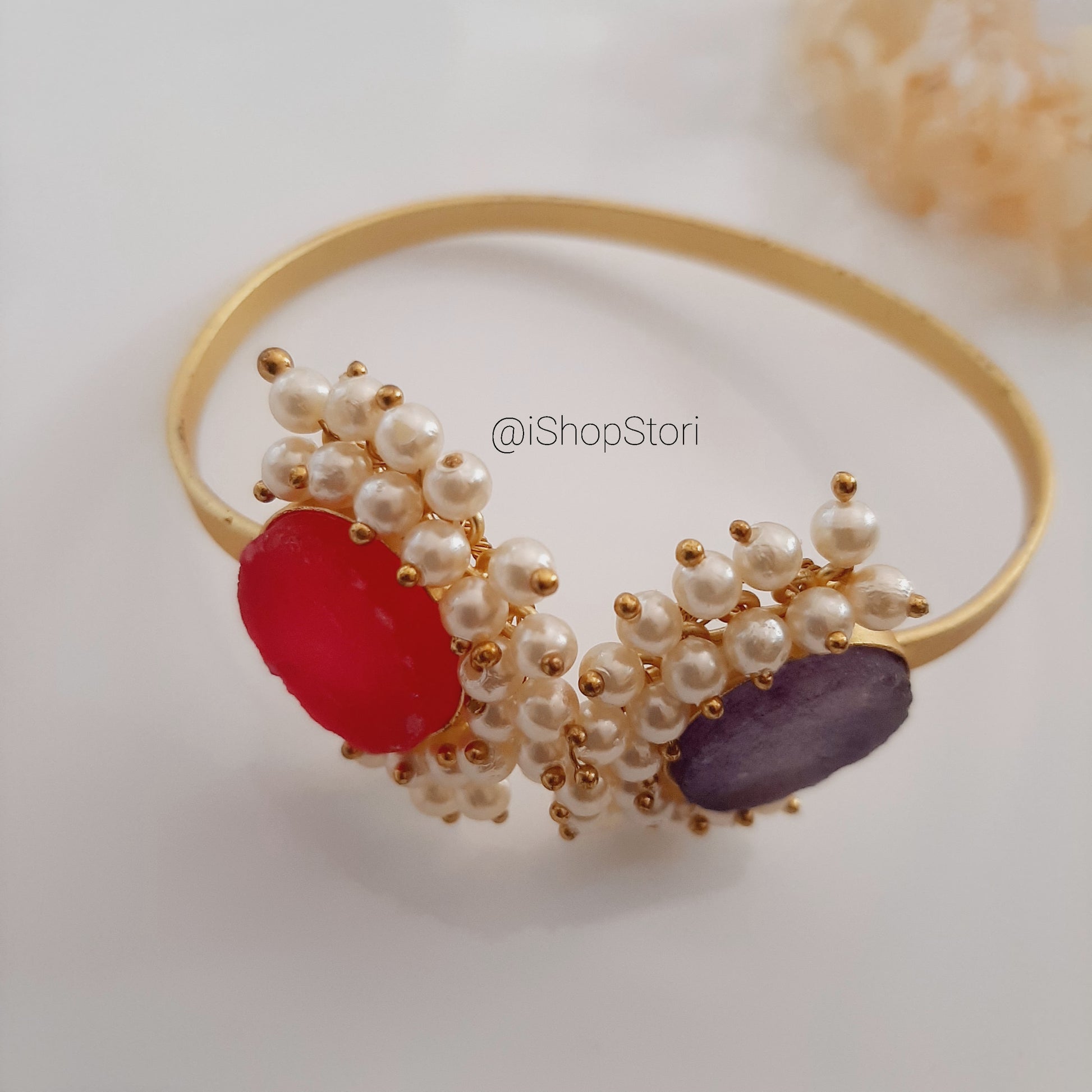 Niha Pink & Purple Raw Stone Bracelet With Pearls