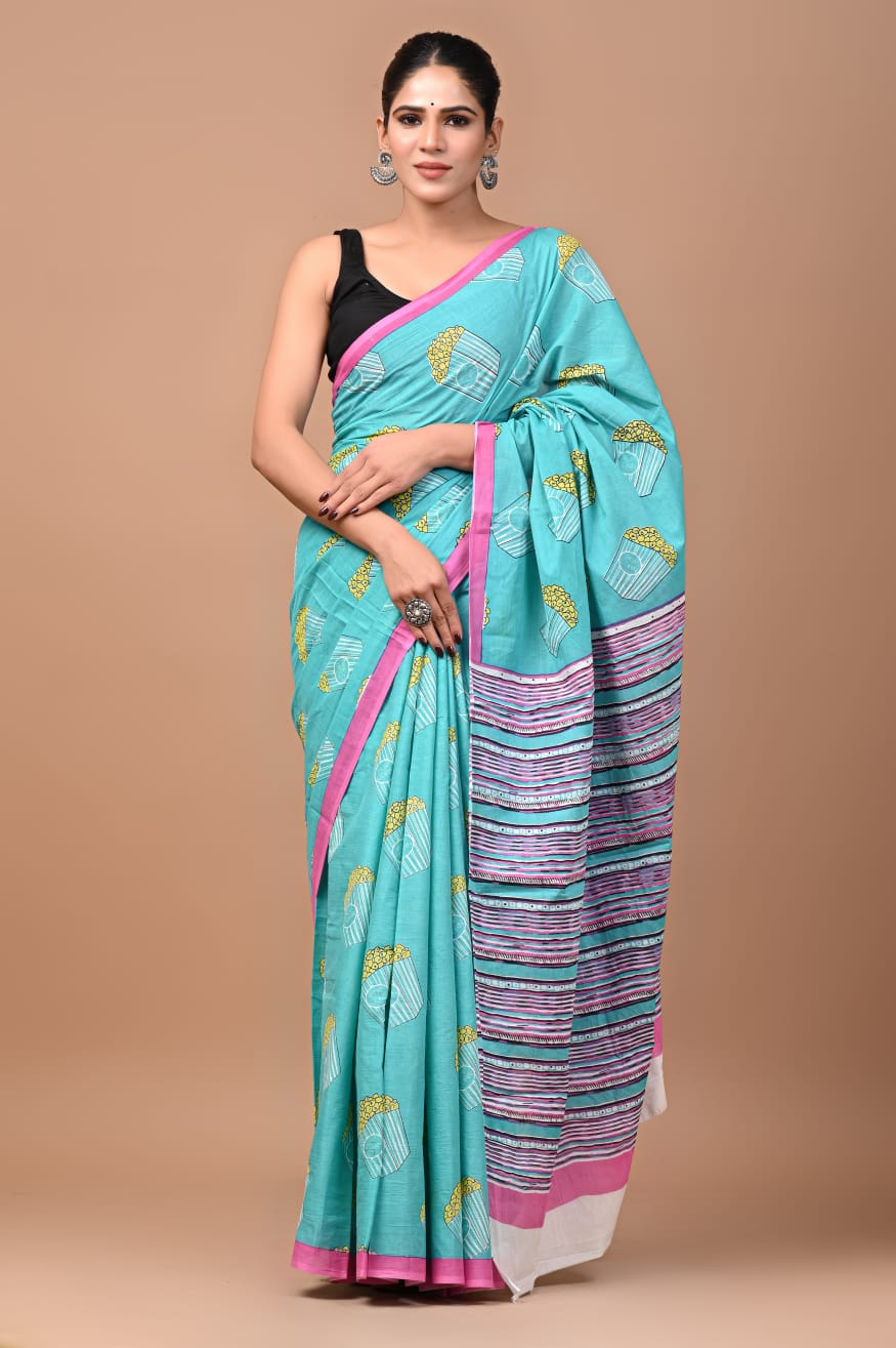 Shop Quirky Popcorn Printed Firozi Cotton Saree Online- STORI