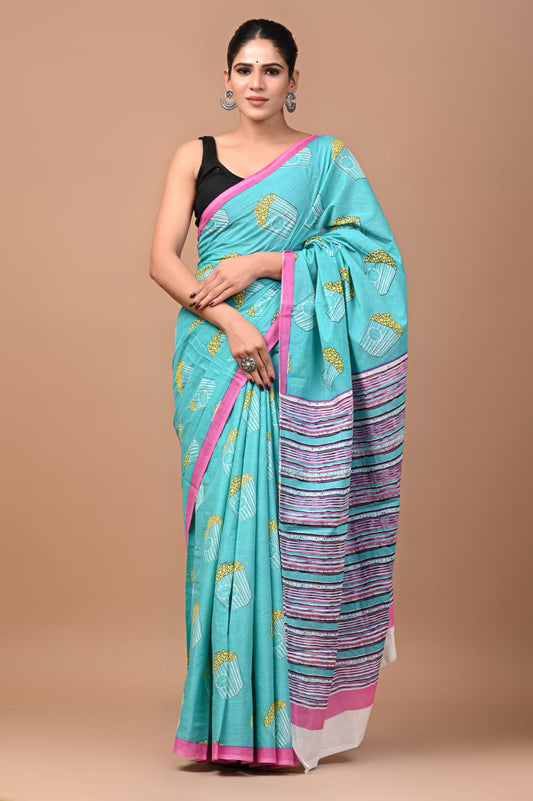 Shop Quirky Popcorn Printed Firozi Cotton Saree Online- STORI