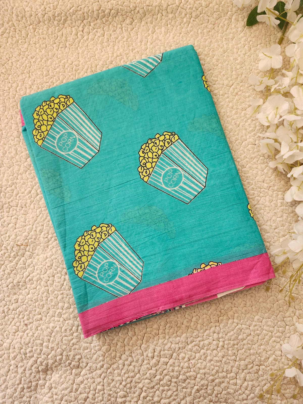 Shop Quirky Popcorn Printed Firozi Cotton Saree Online- STORI