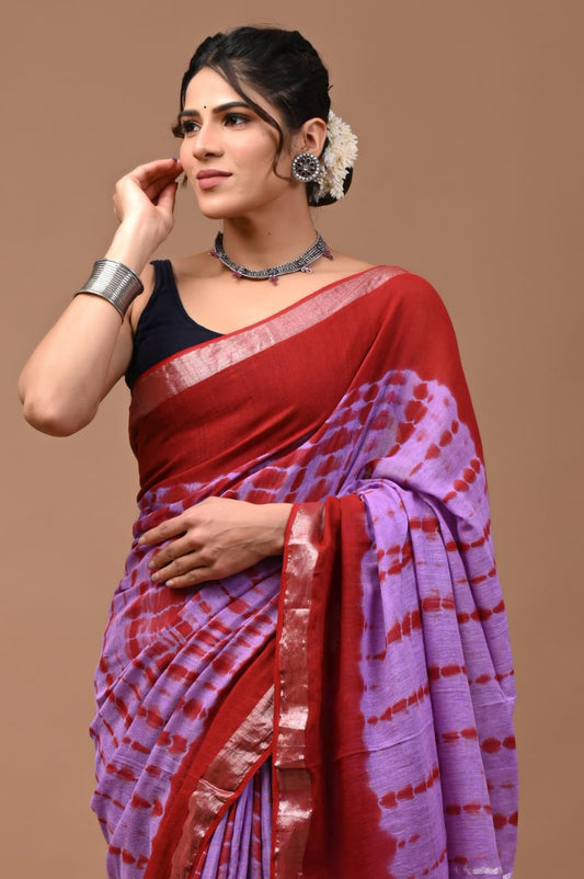 Red & Purple Linen Saree With Silver Zari Border