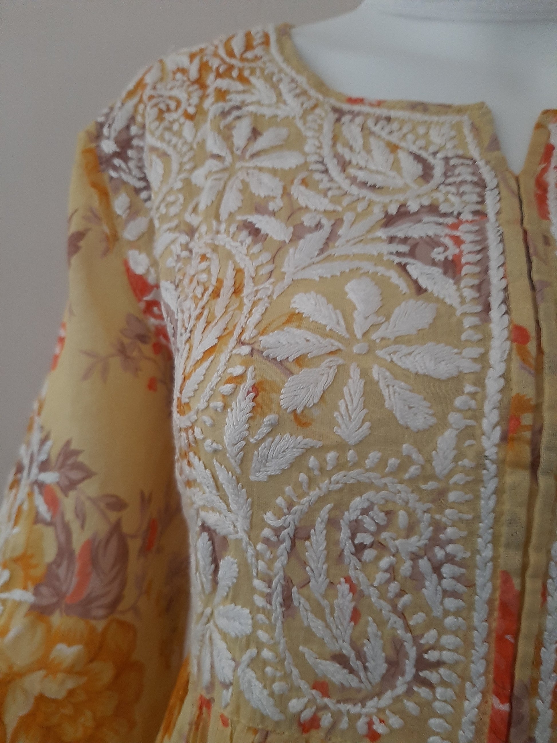 Aashna Butter Yellow Printed Mulmul Cotton Chikankari Gown