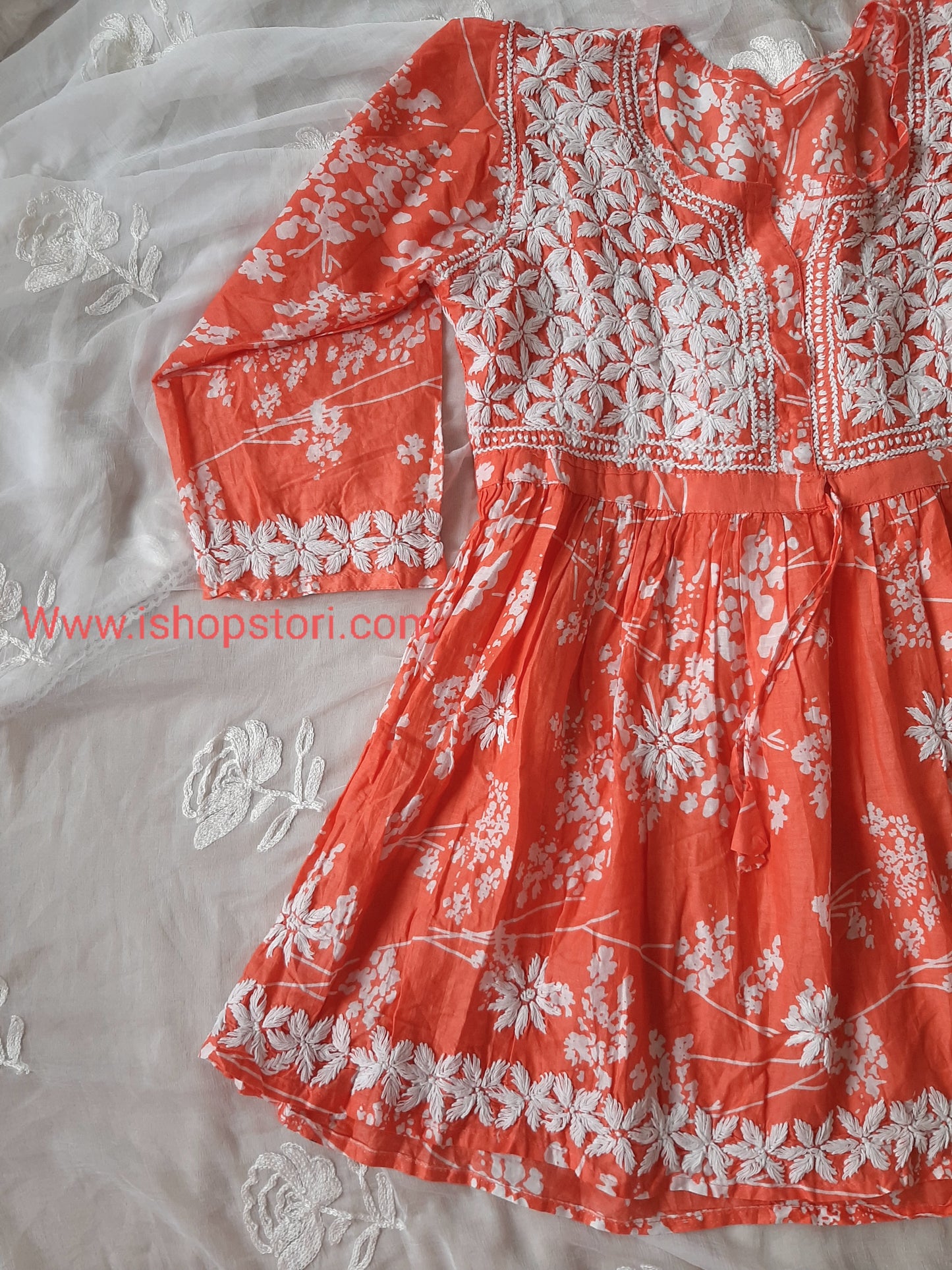 Bloom Printed Orange Cotton Mulmul Chikankari Short Kurti with Dori