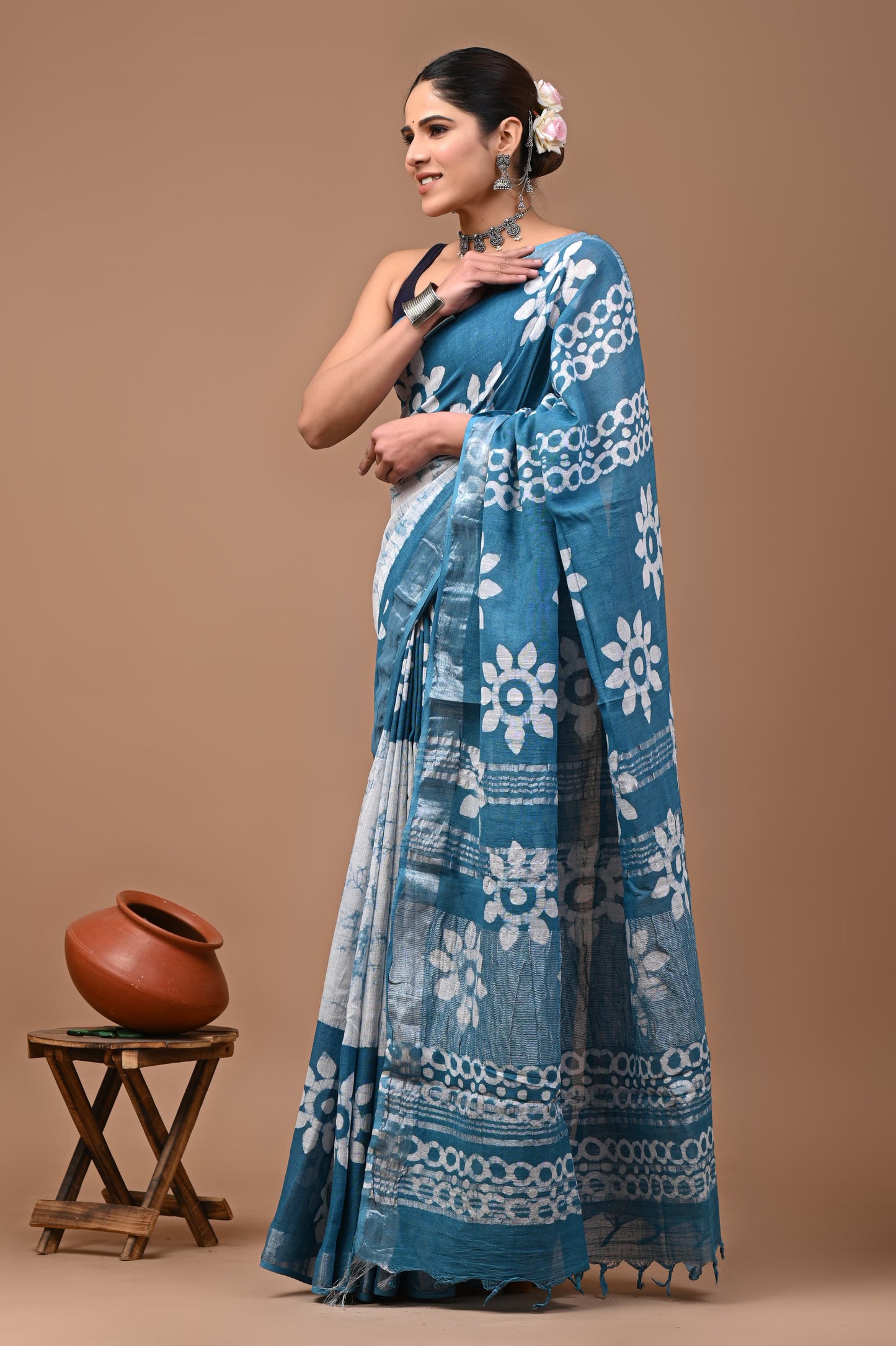 White & Sky Blue Linen Saree With Silver Zari Border