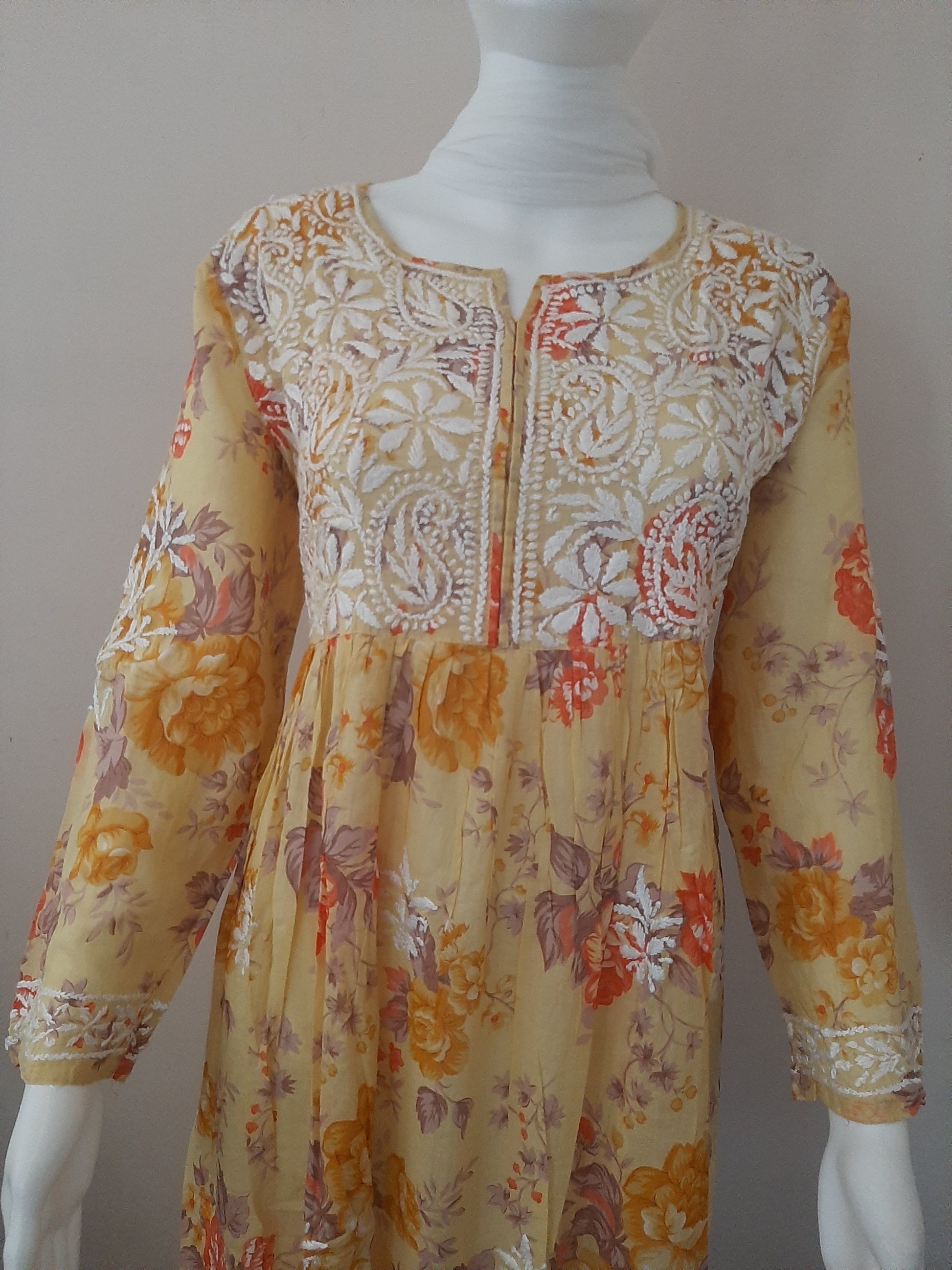 Aashna Butter Yellow Printed Mulmul Cotton Chikankari Gown