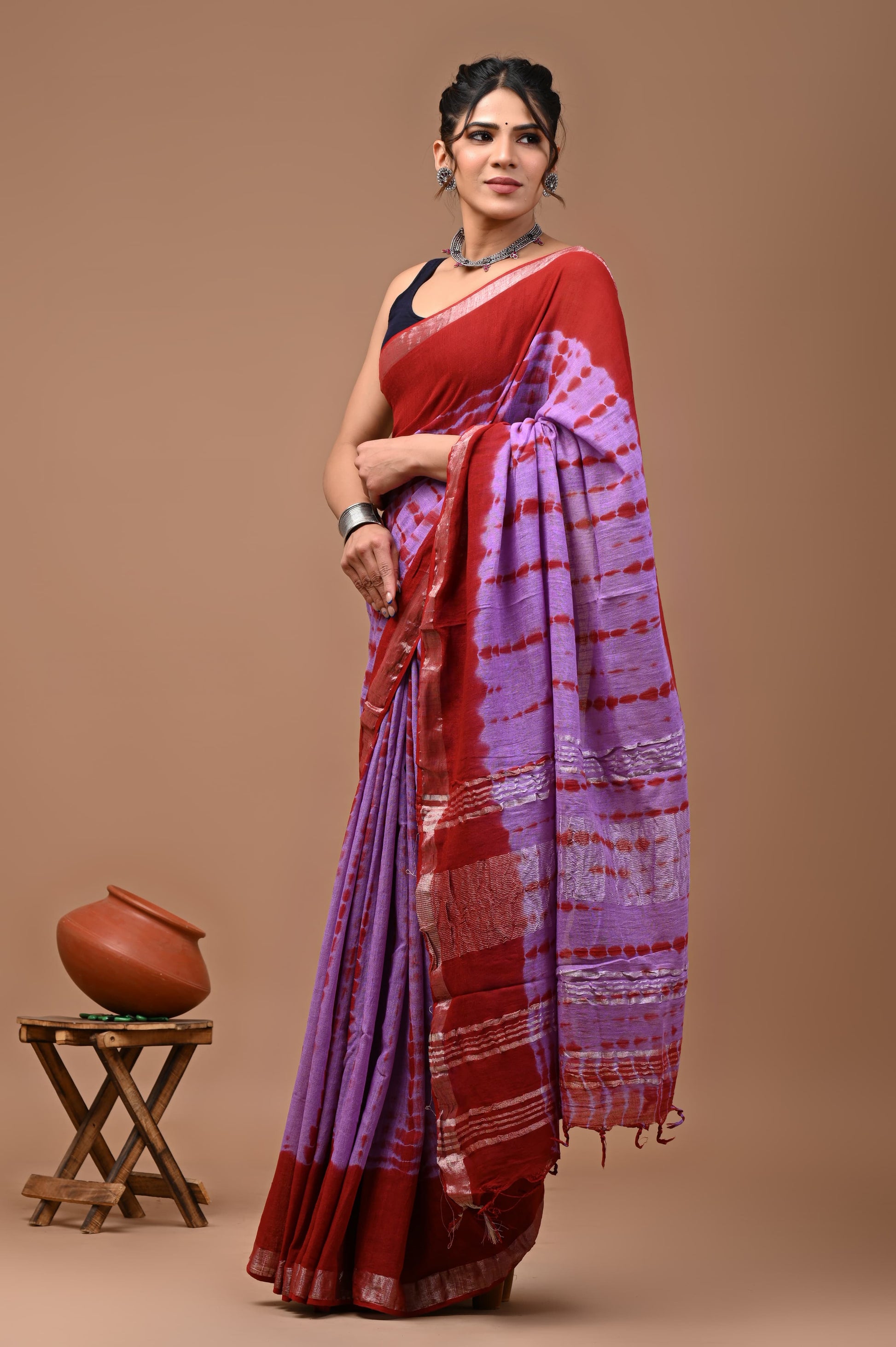 Red & Purple Linen Saree With Silver Zari Border