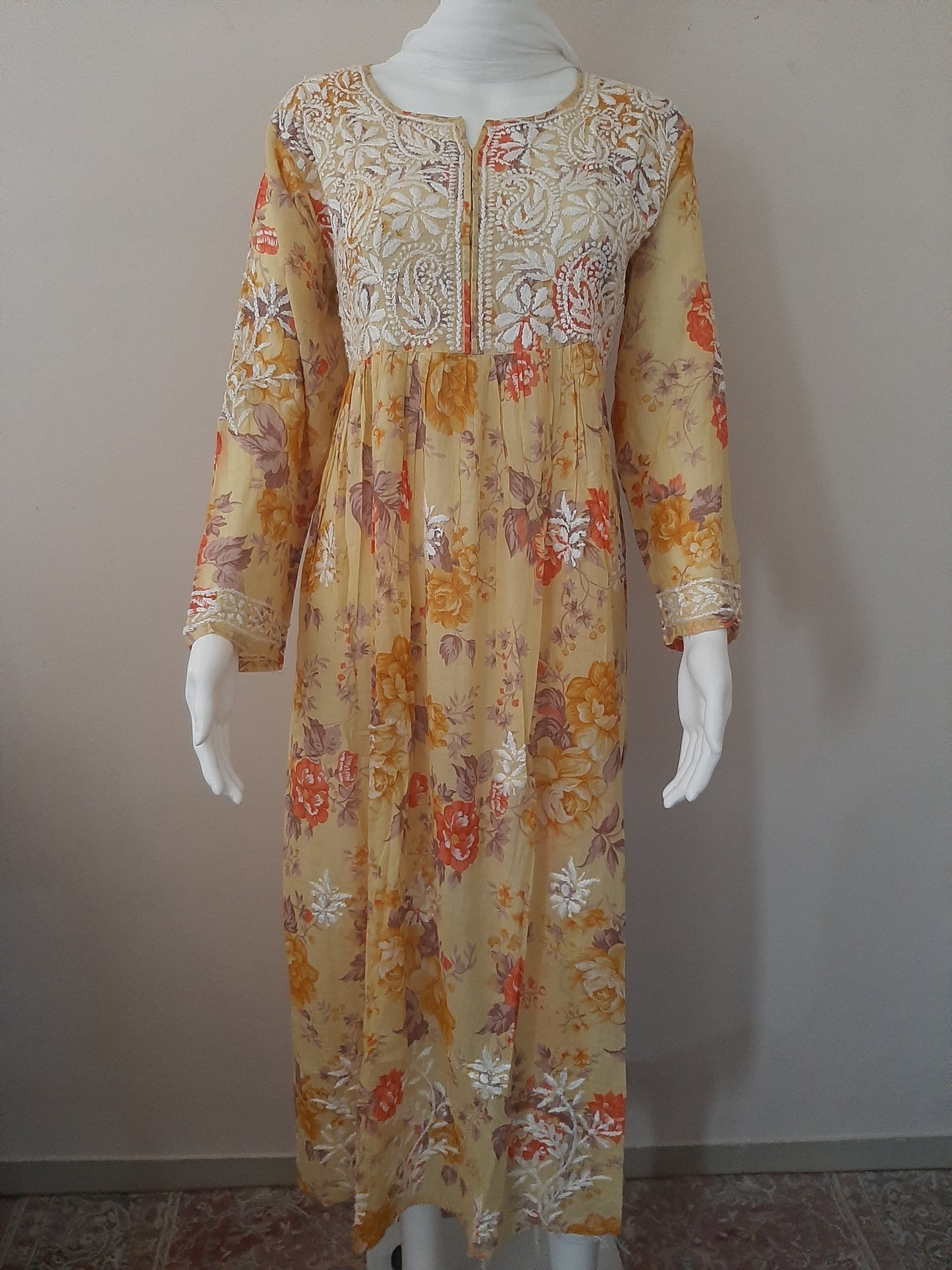 Aashna Butter Yellow Printed Mulmul Cotton Chikankari Gown