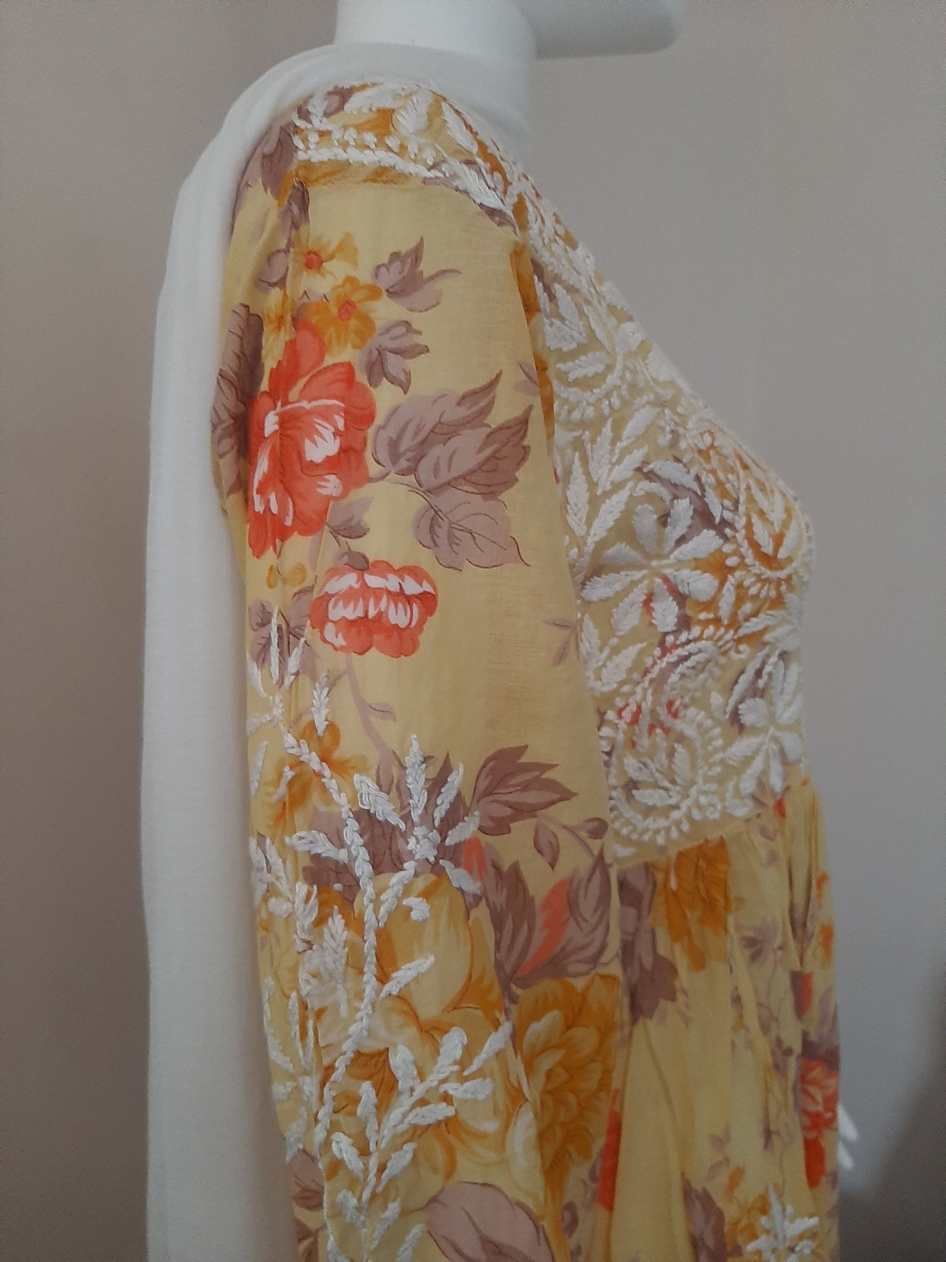 Aashna Butter Yellow Printed Mulmul Cotton Chikankari Gown