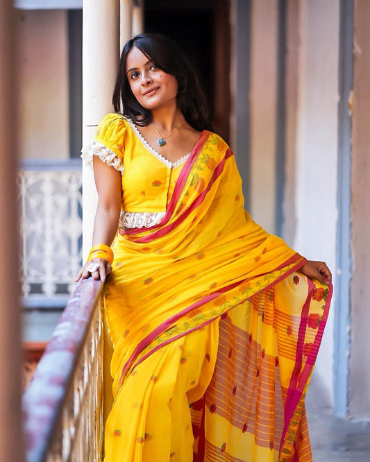 Turmeric Yellow Lotus Handloom Cotton Saree