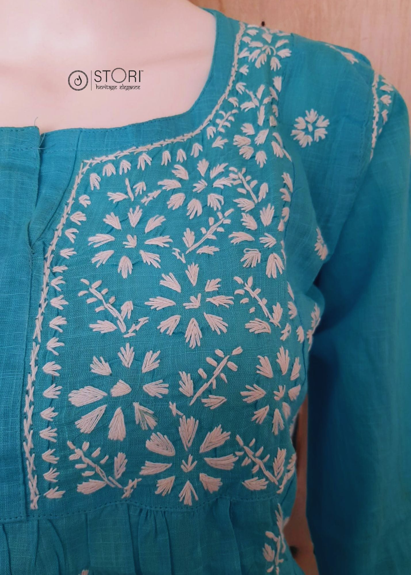 Sky Blue Slub Cotton Handcrafted Chikankari Short Kurti